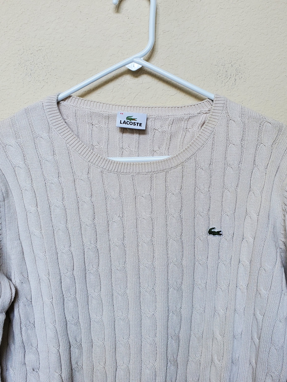 Lacoste Cream Cable Knit Crewneck Sweater with Green Logo. Size XL - Picture 4 of 8